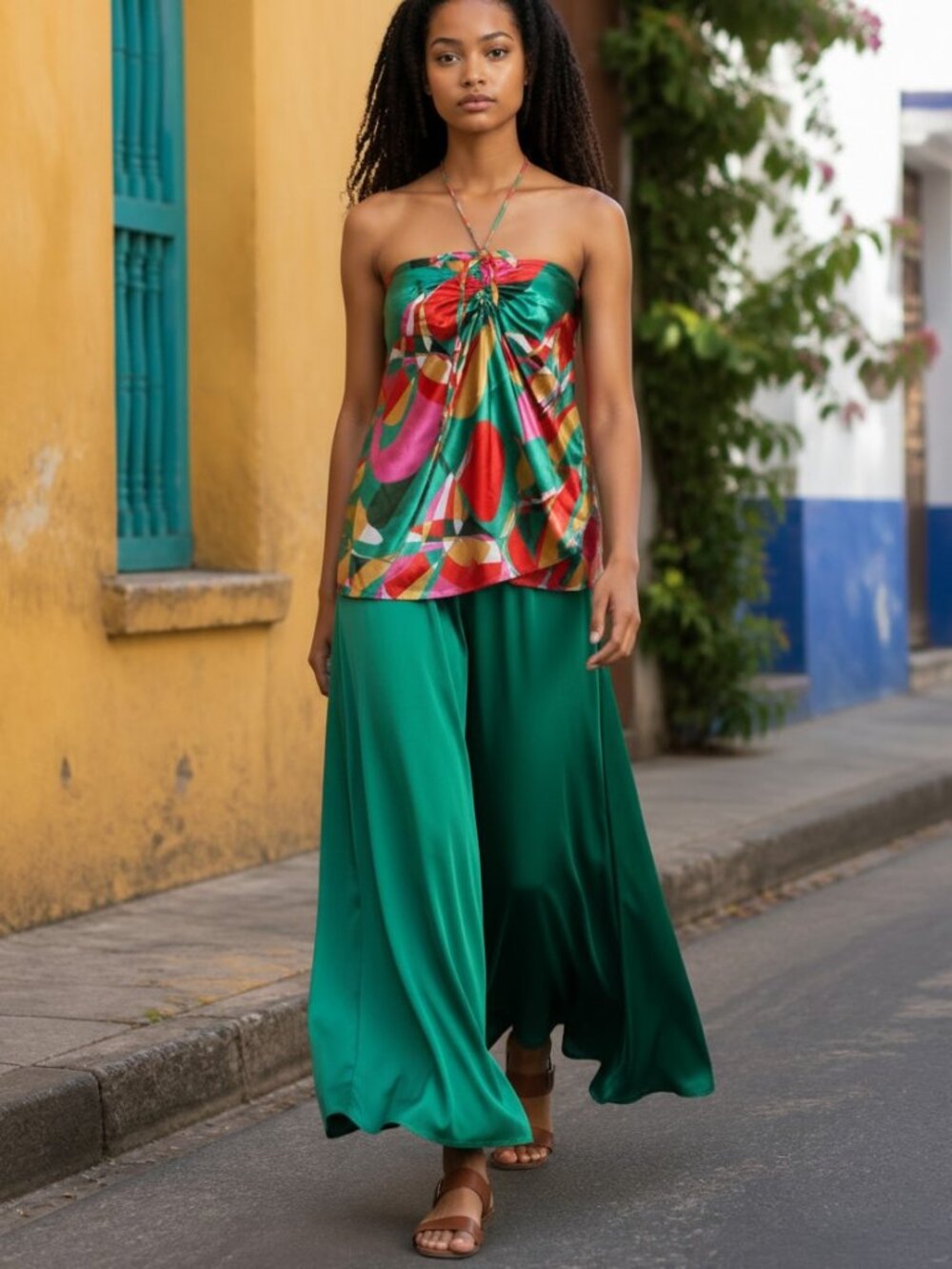 Love & Lemonade Satiny Geometric Abstract Print Halter Top SIze L NWT